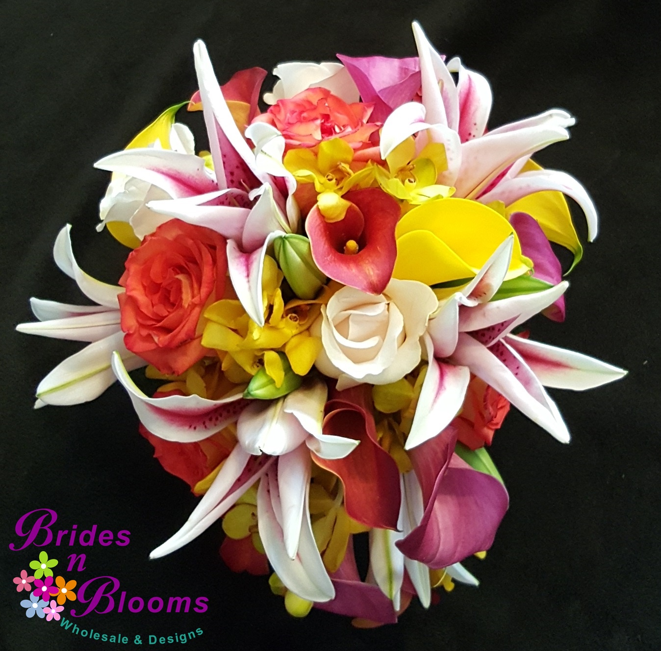 Teardrop Bridal Bouquet with Stargazer Lily, Mini Callas, Orchids & Roses