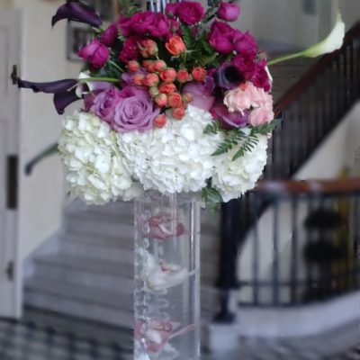 Tall Centerpiece with submerged orchids & Hydrangea, Roses, Spray Roses & Mini Calla  Lily