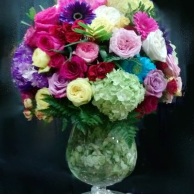 Colorful sphere design with sunk hydrangea and crystals
