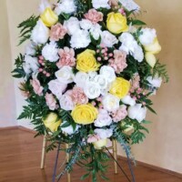 funeral spray yellow pink white